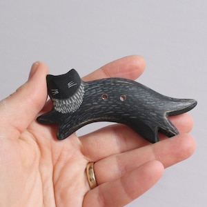 Extra Large Cat Shaped Button, Hand Carved Black Cat Folk Art Sew Through Button