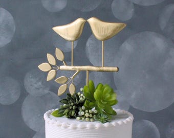 Hand Carved Cake Topper, Gold Love Birds for Engagement or Golden 50th Wedding Anniversary