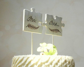 Mr and Mrs Topper, Puzzle Piece Cake Topper,  Rustic Wedding Cake Topper, Mr Mrs Cake Topper