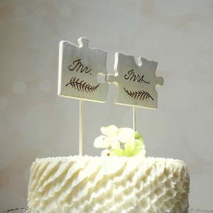 Mr and Mrs Topper, Puzzle Piece Cake Topper, Rustic Wedding Cake Topper, Mr Mrs Cake Topper image 1