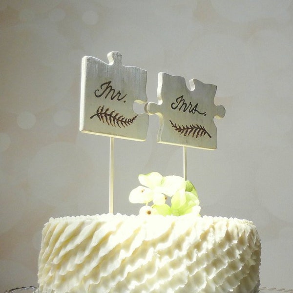 Mr and Mrs Topper, Puzzle Piece Cake Topper,  Rustic Wedding Cake Topper, Mr Mrs Cake Topper