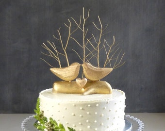 Gold Wedding Topper, Gold Cake Topper, Tree Wedding Topper, Love Bird Cake Topper and Gold Wedding Gift/ Wooden Anniversary