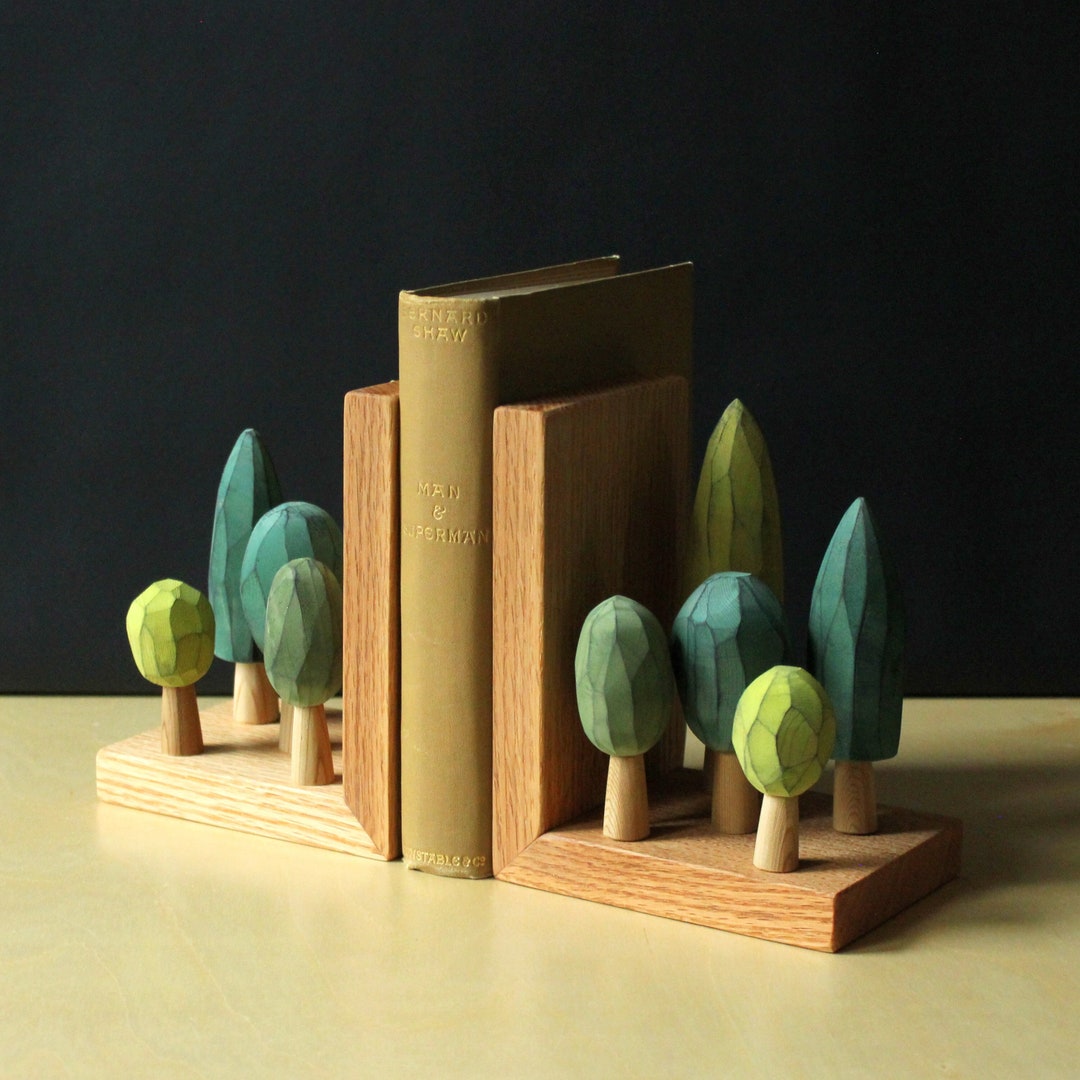 Hand Carved Bookends for Book Lovers, Tree Book Ends, Green/ Eco Wood