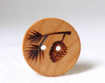 Pine Cone Wood Button, 1" Inch Rustic Wooden Button Pine Tree Pyrography  25mm