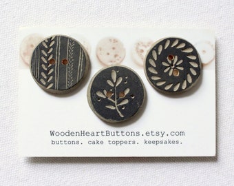 Gray Wood Buttons, Decorative Buttons, 1 Inch Wooden Buttons, Carved Buttons,  Sewing Knitting Buttons 3 Pce 