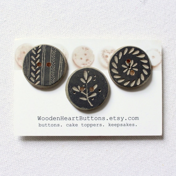 Gray Wood Buttons, Decorative Buttons, 1 Inch Wooden Buttons, Carved Buttons,  Sewing Knitting Buttons 3 Pce 