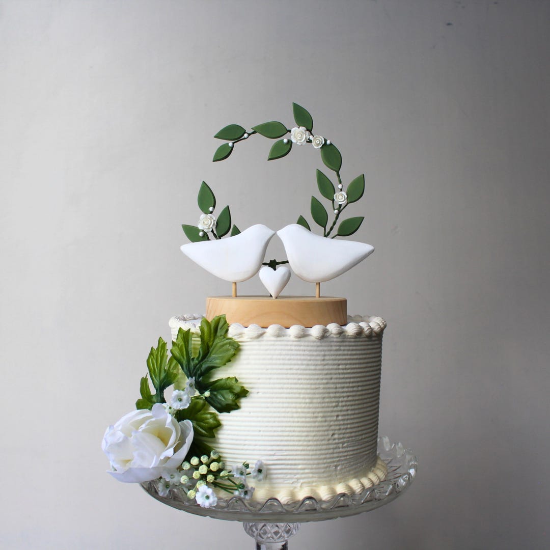 Sage Green Wedding Cake Topper With Love Birds, Wooden Leaf Arbor and ...