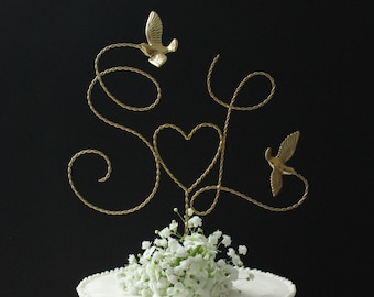 Gold Wire Cake Topper, Delicate Gold Monogram, Custom Initials Wedding Topper, Gold Cake Topper/ Monogram Topper Plus Heart