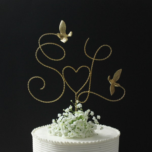 Gold Wire Cake Topper, Delicate Gold Monogram, Custom Initials Wedding Topper, Gold Cake Topper/ Monogram Topper Plus Heart