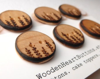 6 Fern Motif Buttons,  Wooden Sewing Buttons, Organic,  6 pce  20mm or 3/4"