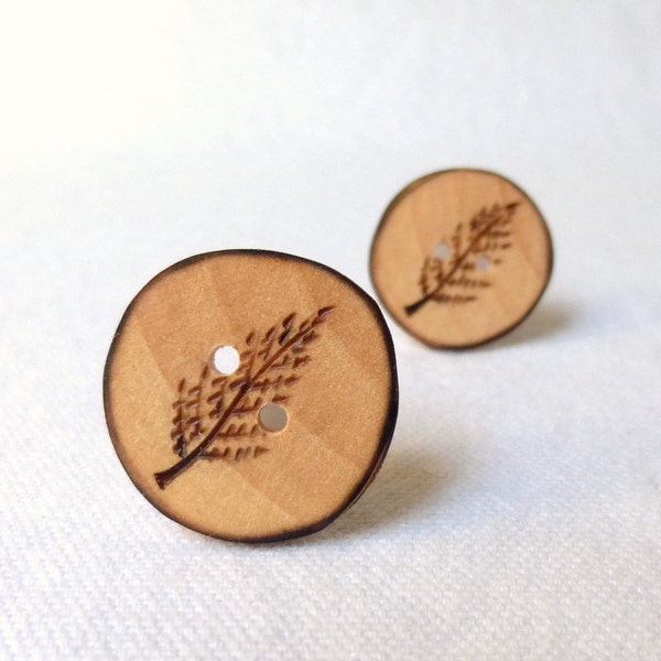 Handcrafted Wooden Buttons,  Rustic Wood Button, Pyrography Button, Leaf /Fern Motif -2pce