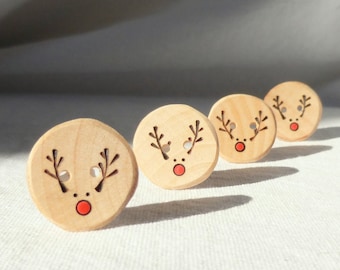 Handmade Reindeer Buttons, Pyrography Wood Button, DIY Christmas Ideas 4pce  1" or 25mm