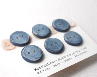 Small Denim Blue Buttons, Blue Wooden Buttons- Light Blue Wood Buttons 6pce  3/4" or 20mm