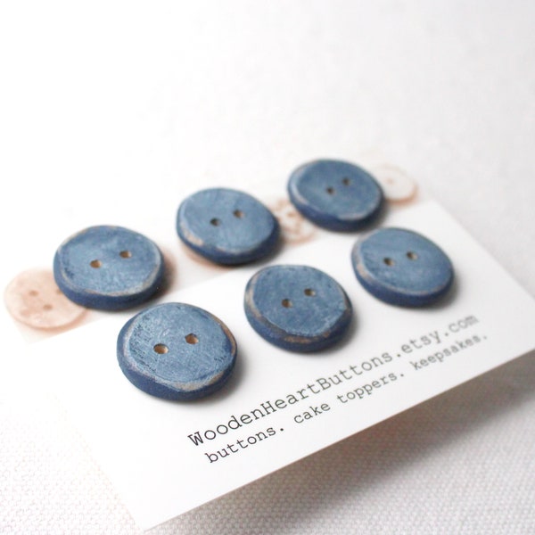 Small Denim Blue Buttons, Blue Wooden Buttons- Light Blue Wood Buttons 6pce  3/4" or 20mm