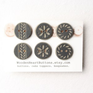 6 Small, Carved Gray Buttons, Dark Grey Sewing or Knitting Button 6pce  3/4" or 20mm
