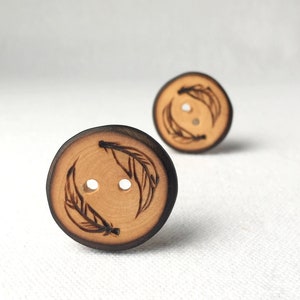 2 Feather Buttons, 1 Inch Wood Buttons, Tree Branch Buttons, Wood Sewing Buttons/ Wooden Buttons  2 pce  25mm or 1"