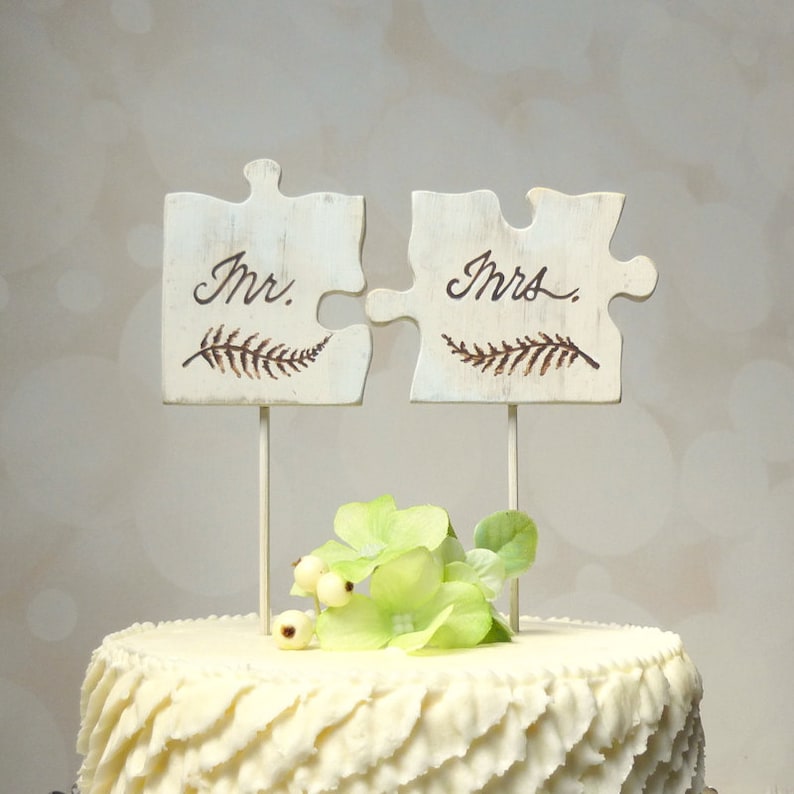 Mr and Mrs Topper, Puzzle Piece Cake Topper, Rustic Wedding Cake Topper, Mr Mrs Cake Topper image 2
