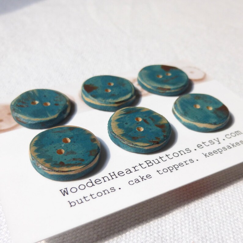 Small Teal Buttons, Teal Wood Buttons Distressed Turquoise Wooden Buttons/ Wood Sewing Buttons 6pce 3/4 or 20mm image 3