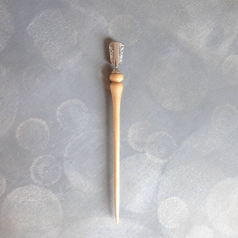 Hand Turned Hair Stick, Hair Fork with Vintage Silver, Maple Wood Hairstick, Wooden Hair Stick 1 pce 6.5'' Total Length image 2
