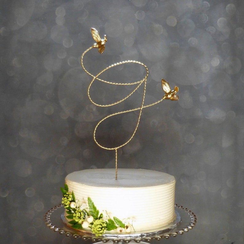 Gold Wedding Topper, Wire Cake Topper, Custom Initial Wire Wedding Cake Topper with Love Birds, Gold Cake Topper image 1