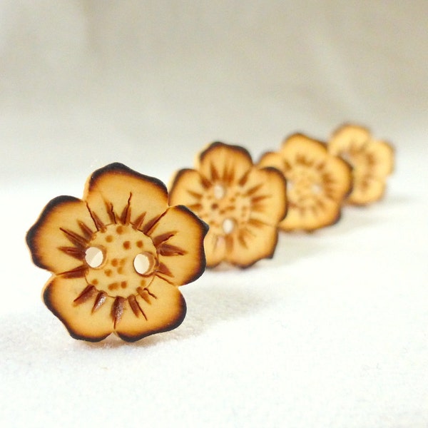 Small Flower Buttons, Hand Burned Design/ Pyrography, Set of Four 1/2 Inch Wood Buttons