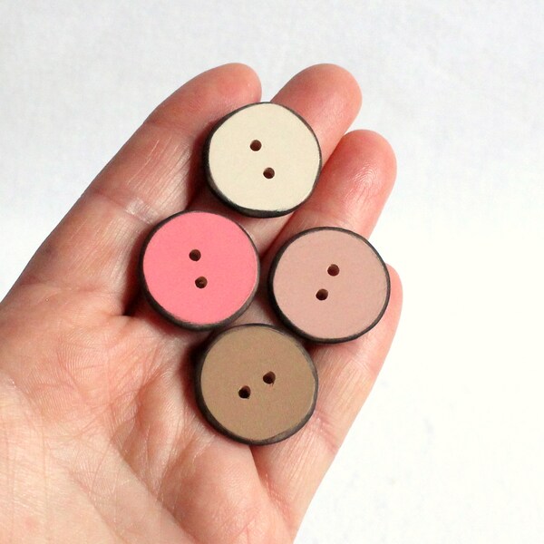 4 Handmade Wooden Buttons, Peach, Tan, Ivory and Dusty Rose Wood Button, Pastel Buttons  4pce  1" or 25mm