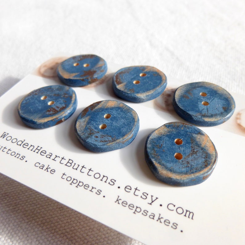 6 Small Blue Buttons, Blue Wood Buttons Distressed Blue Wooden Buttons 6pce 3/4 or 20mm image 1