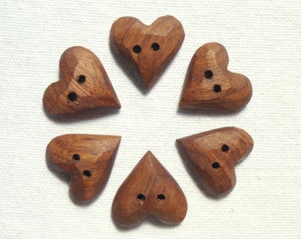 Carved Buttons, Wood Heart Buttons,  Black Walnut Buttons, Wooden Heart Button 6pce Dark Brown Sewing Button 7/8" or 22mm