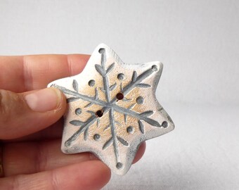 Big Wooden Snowflake Button, Large White and Gold Sewing Button, Hand Carved and Ready to Gift 1pce