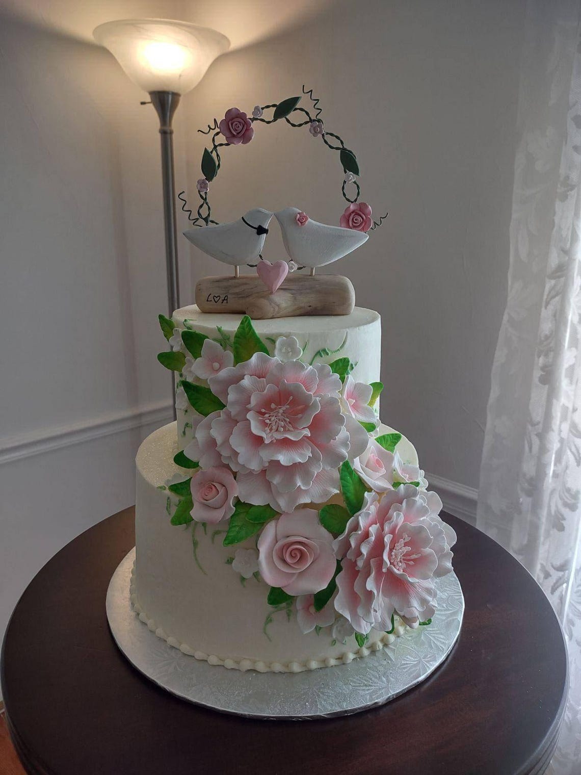 White Arbor Wedding Topper, White Flower Cake Topper With Love Birds ...