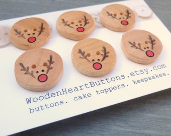 Reindeer Buttons, Christmas Button, DIY Christmas Gifts, Small Wooden Buttons, Handmade 3/4" or 20mm 6pce