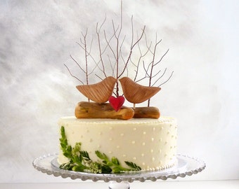 Dramatic Winter Cake Topper with Love Birds, Wood and Wire Winter Wedding Topper, Rustic Bird Cake Topper/ Wooden Anniversary Gift