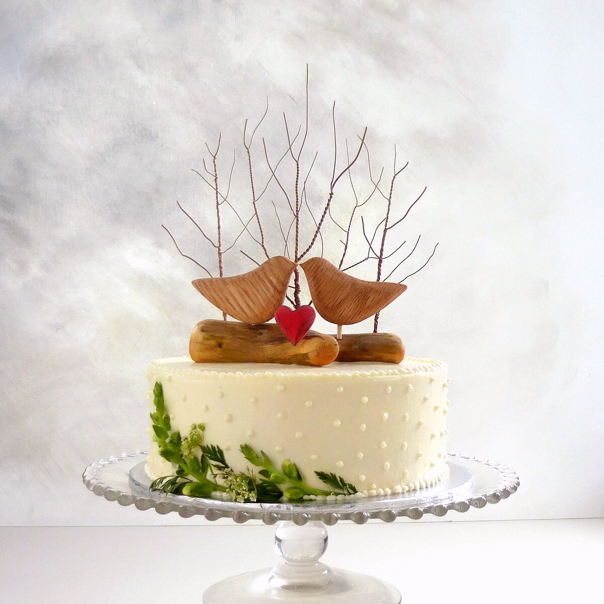 Dramatic Winter Cake Topper with Love Birds, Wood and Wire Winter Wed…