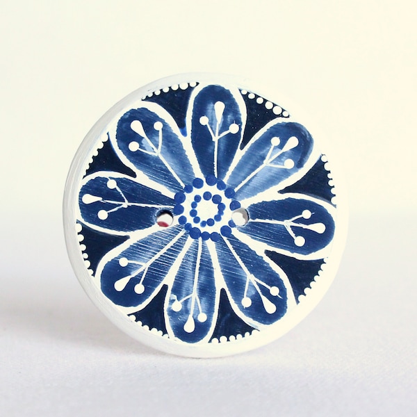 Big Indigo Blue Flower Button, Hand Painted in Indigo Blues and White, Wood Button, Extra Big Sewing Button, White and Blue  2" or 50mm