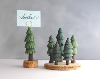 Hand Carved Table Numbers and Tree Cake Topper Set, Place Numbers, Green Wedding Topper, Rustic Wood Sign Holder, Dessert Table Signs