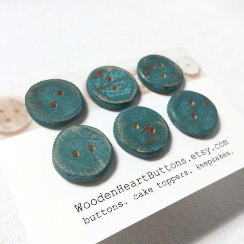 Small Teal Buttons, Teal Wood Buttons Distressed Turquoise Wooden Buttons/ Wood Sewing Buttons 6pce 3/4 or 20mm image 1