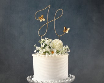 Butterfly Wedding Topper, Gold Monogram Cake Topper, Custom Initial Wire Wedding Cake Topper with Butterflies, Gold Cake Topper