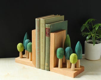 Hand Carved Bookends for Book Lovers, Tree Book Ends, Green/ Eco Wood Home Decor