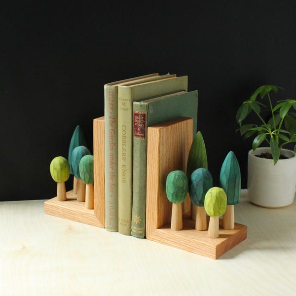 Hand Carved Bookends for Book Lovers, Tree Book Ends, Green/ Eco Wood Home Decor