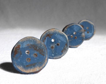 Rustic Wood Buttons- Distressed/ Rustic Blue Buttons, Medium Blue Button, Wooden Buttons 4pce  1"