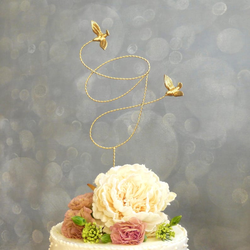 Gold Wedding Topper, Wire Cake Topper, Custom Initial Wire Wedding Cake Topper with Love Birds, Gold Cake Topper image 6