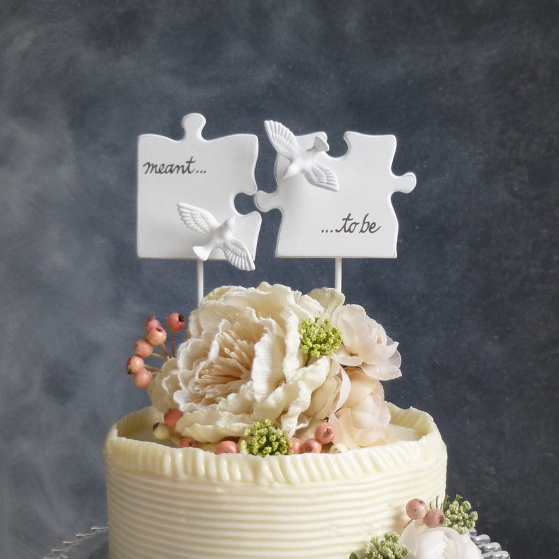 Puzzle Piece Wedding Cake Topper for Love Birds, Bridal Topper/ White Wedding Topper, Handmade Etsy Weddings/ Decorations image 1