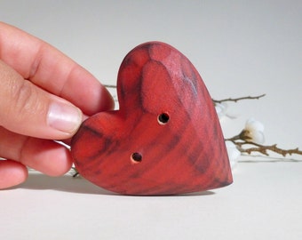 Extra Large Button, Hand Carved Button, Huge Red Button, Heart Button, Wooden Heart Buttons Original