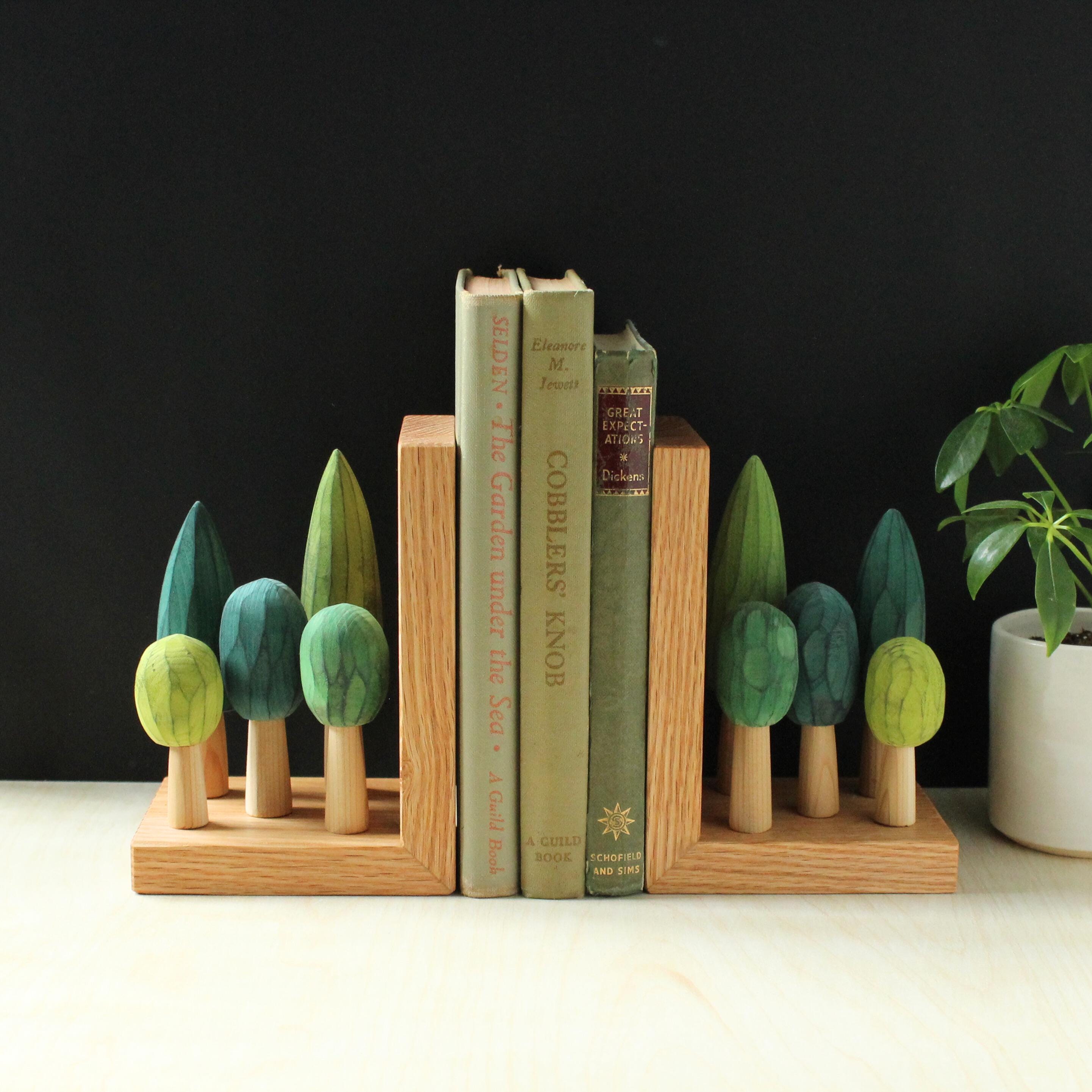 Hand Carved Bookends for Book Lovers, Tree Book Ends, Green/ Eco Wood ...