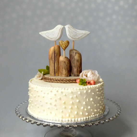 Beachy Wedding Cake Topper Or Table Decoration Beach Wedding Topper Love Birds Driftwood And Rope Cake Topper With Gold