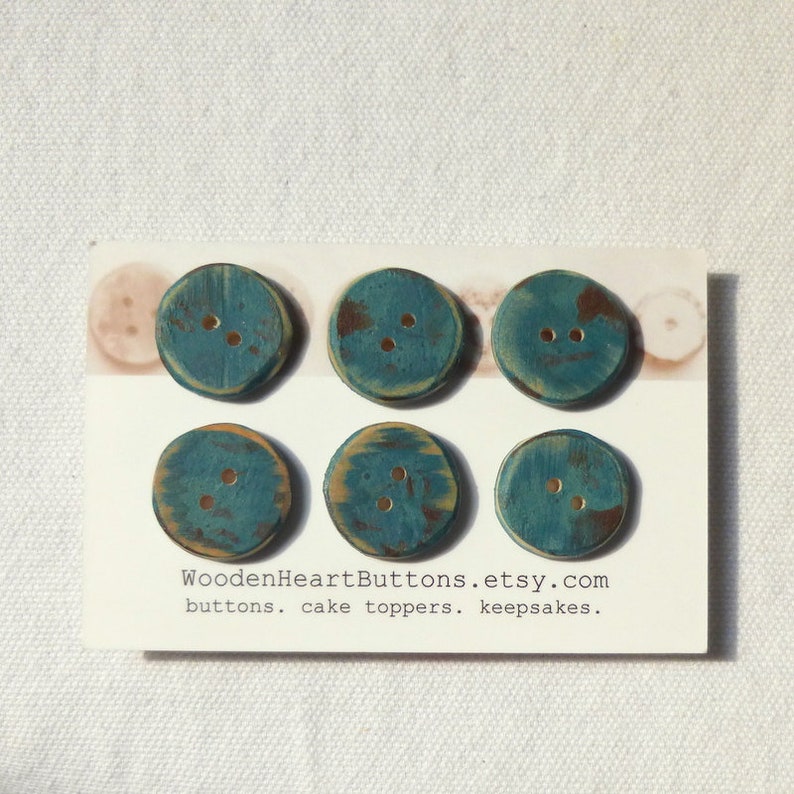 Small Teal Buttons, Teal Wood Buttons Distressed Turquoise Wooden Buttons/ Wood Sewing Buttons 6pce 3/4 or 20mm image 2