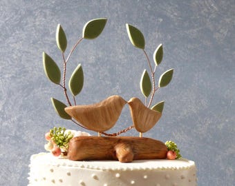 Sage Green Wedding Cake Topper, Wooden Cake Topper, Green Wedding Topper, Bird Cake Topper with Driftwood/ Wedding Decor