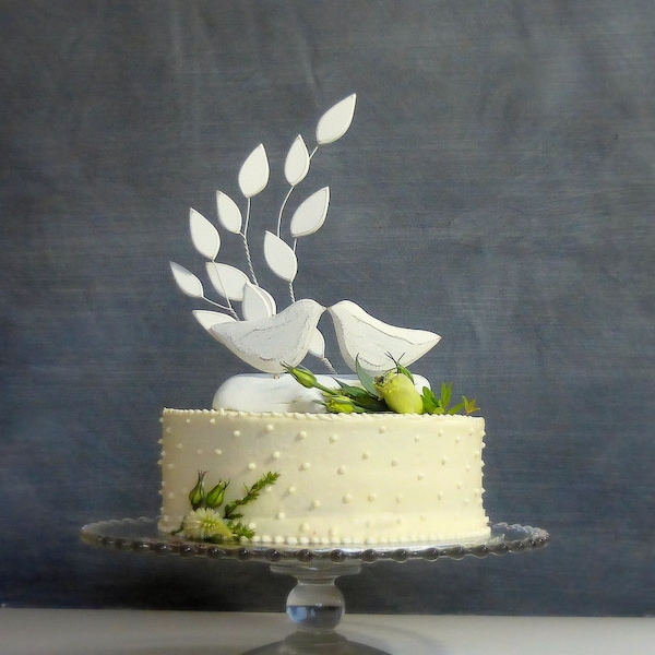 White Wedding Cake Topper, Love Bird Wedding Topper with Wood Leaves and Driftwood Base, 100% Handmade