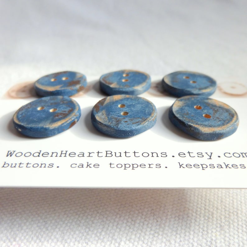 6 Small Blue Buttons, Blue Wood Buttons Distressed Blue Wooden Buttons 6pce 3/4 or 20mm image 2