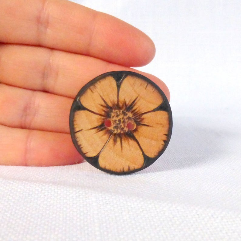 Flower Sewing Button, Large Flower Button, Large Wood Button, Wooden Flower Buttons, Big Wood Buttons, Handmade, 1pce 38mm or 1.5 image 2
